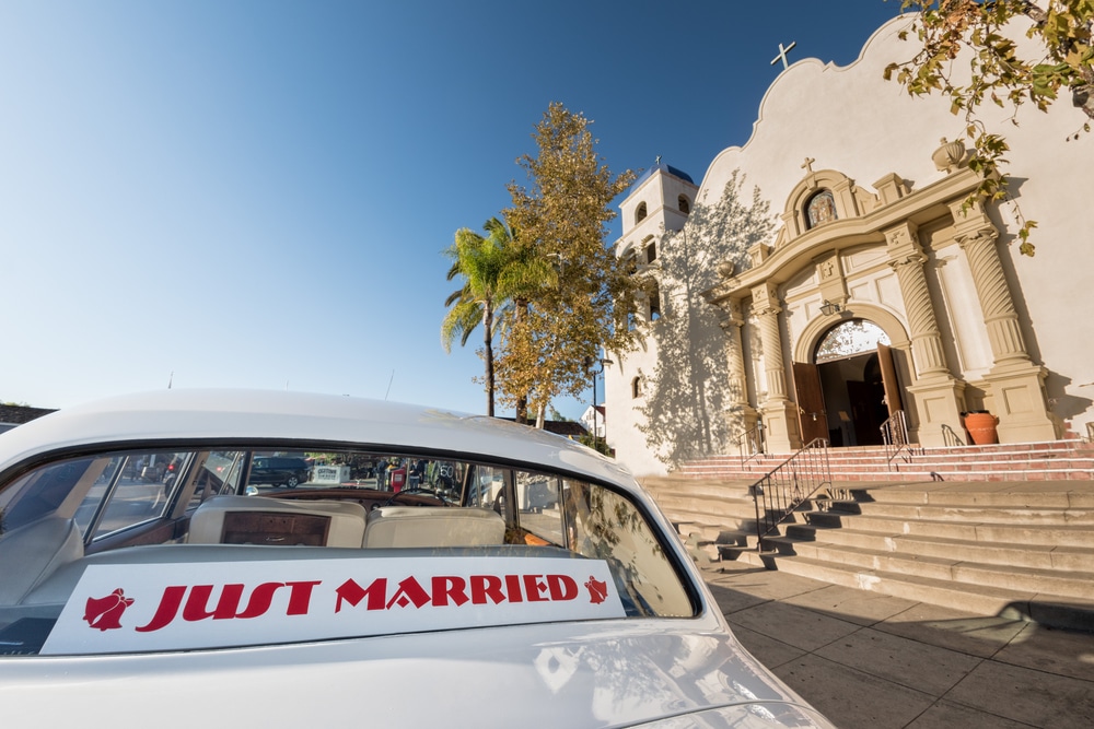 Just,Married,White,Car,Outside,Church,In,San,Diego,Usa